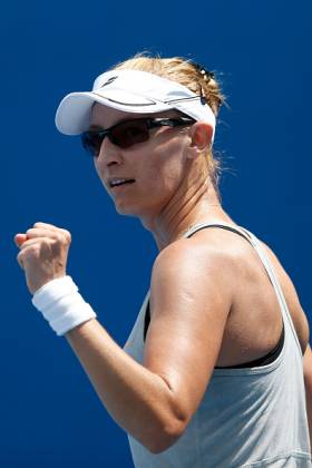 MELBOURNE, AUSTRALIA - JANUARY 19: Mirjana Lucic-Baroni of Croatia celebrates in her first round match against Kirsten Flipkens of Belgium during day two of the 2016 Australian Open at Melbourne Park on January 19, 2016 in Melbourne, Australia. (Photo by Darrian Traynor/Getty Images)